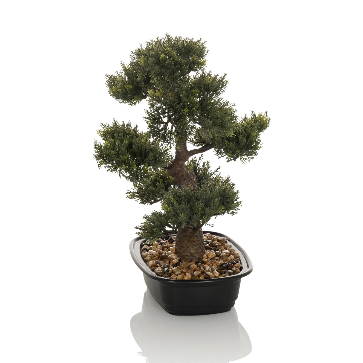 Grüne Kunstpflanze BONSAI in Form eines Bonsais in einem schwarzen Topf mit Kieselsteinen von hjh OFFICE – 360-Grad-Ansicht (Frontansicht 0°)