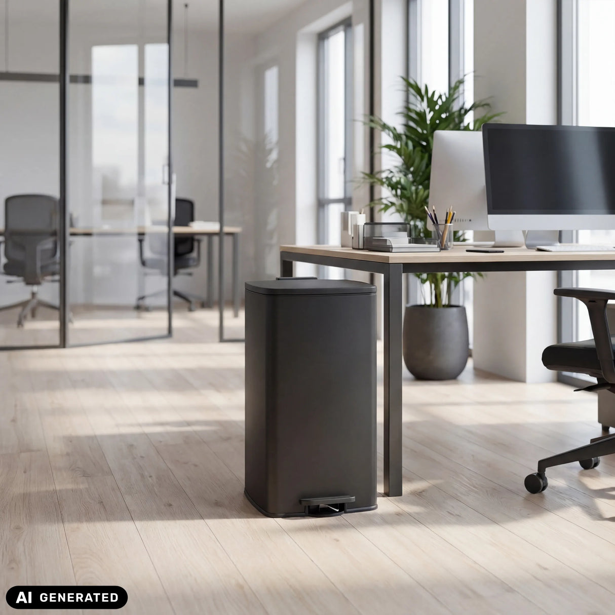 Schwarzer Mülleimer Clean Step 4 mit 60 Litern Fassungsvermögen im Büro von hjh OFFICE (KI-generiertes Bild)