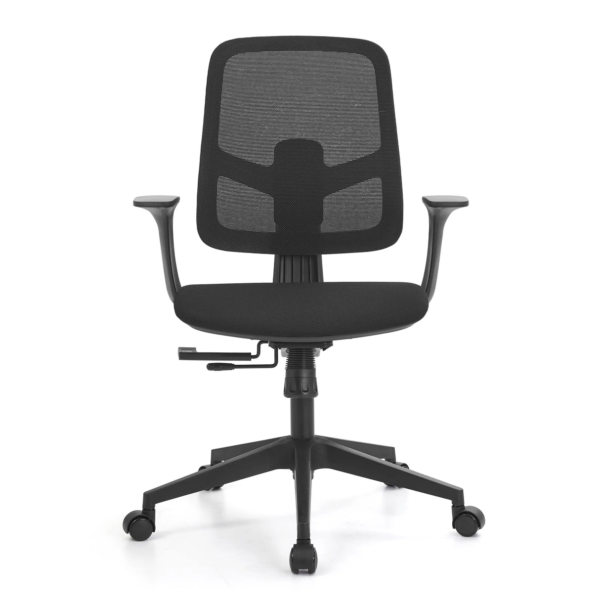 Schwarzer Homeoffice-Bürostuhl Malio mit Netzrücken und Fußkreuz mit fünf Rollen von hjh OFFICE – 360-Grad-Ansicht (Frontansicht 0°)