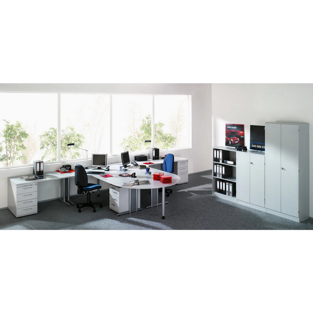 Schreibtisch NANO 82 S in Grau und Silber mit integriertem Rollcontainer und Sideboard von hjh OFFICE PRO