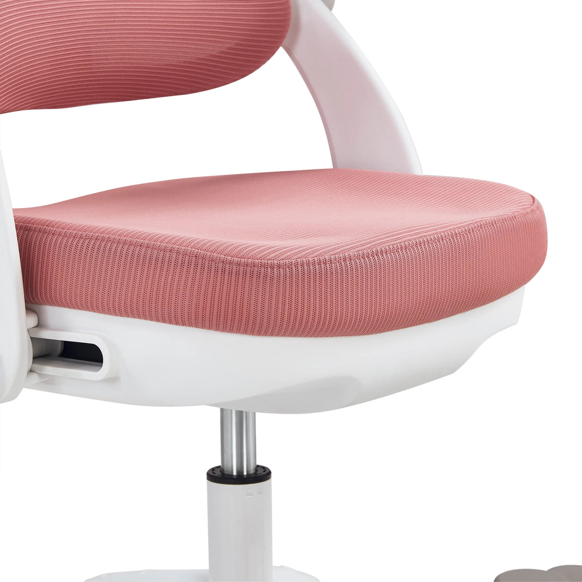 Rosa gepolsterte Sitzfläche des Kinderdrehstuhls Kiddy Smart Step mit weißem Gestell von hjh OFFICE