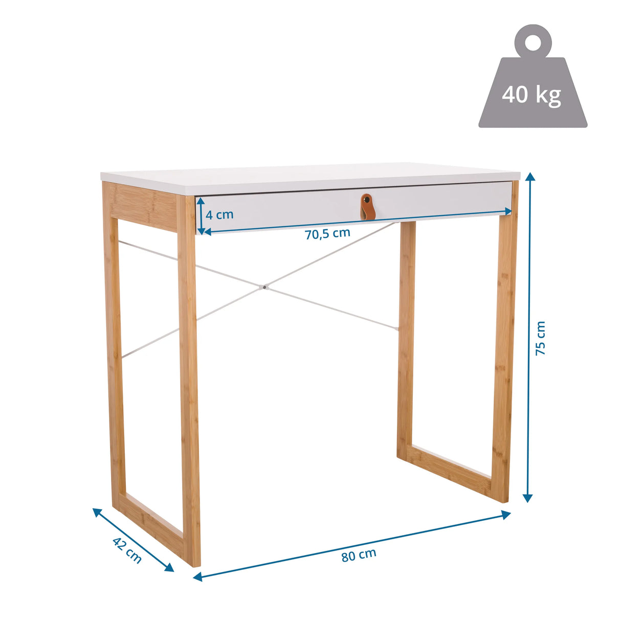 Maßzeichnung des Schreibtisches TAROLO II mit 80 × 42 cm und 75 cm Höhe von hjh LIVING