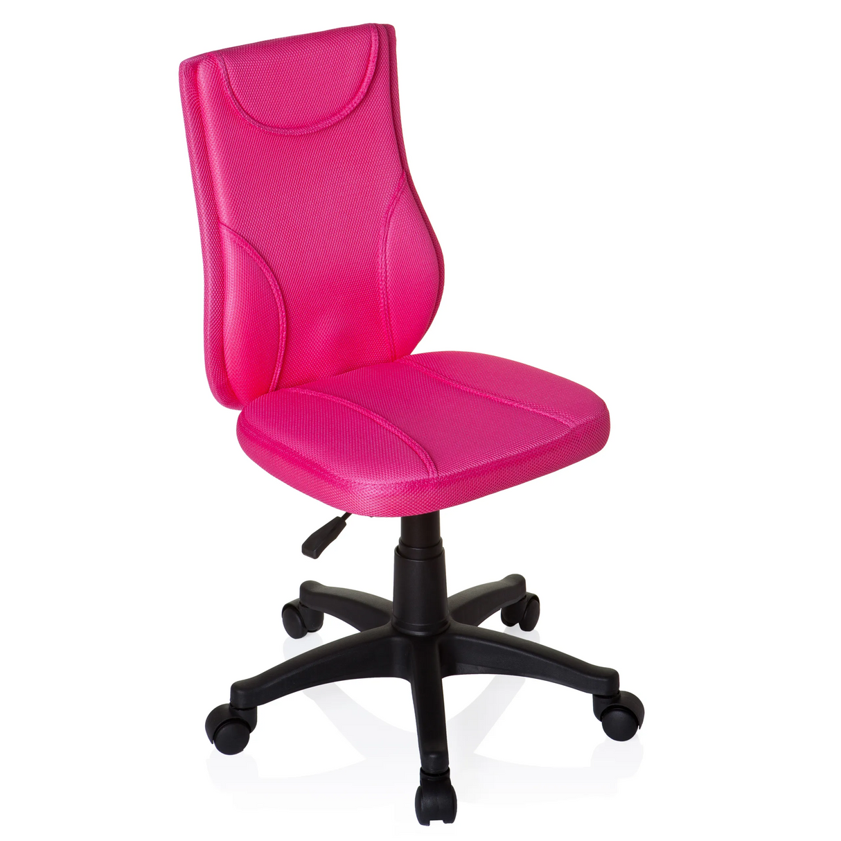 Pinker Kinderdrehstuhl KIDDY BASE mit Netzrücken und schwarzem Fußkreuz mit fünf Rollen von hjh OFFICE – 360-Grad-Ansicht (schräge Frontansicht 40°)