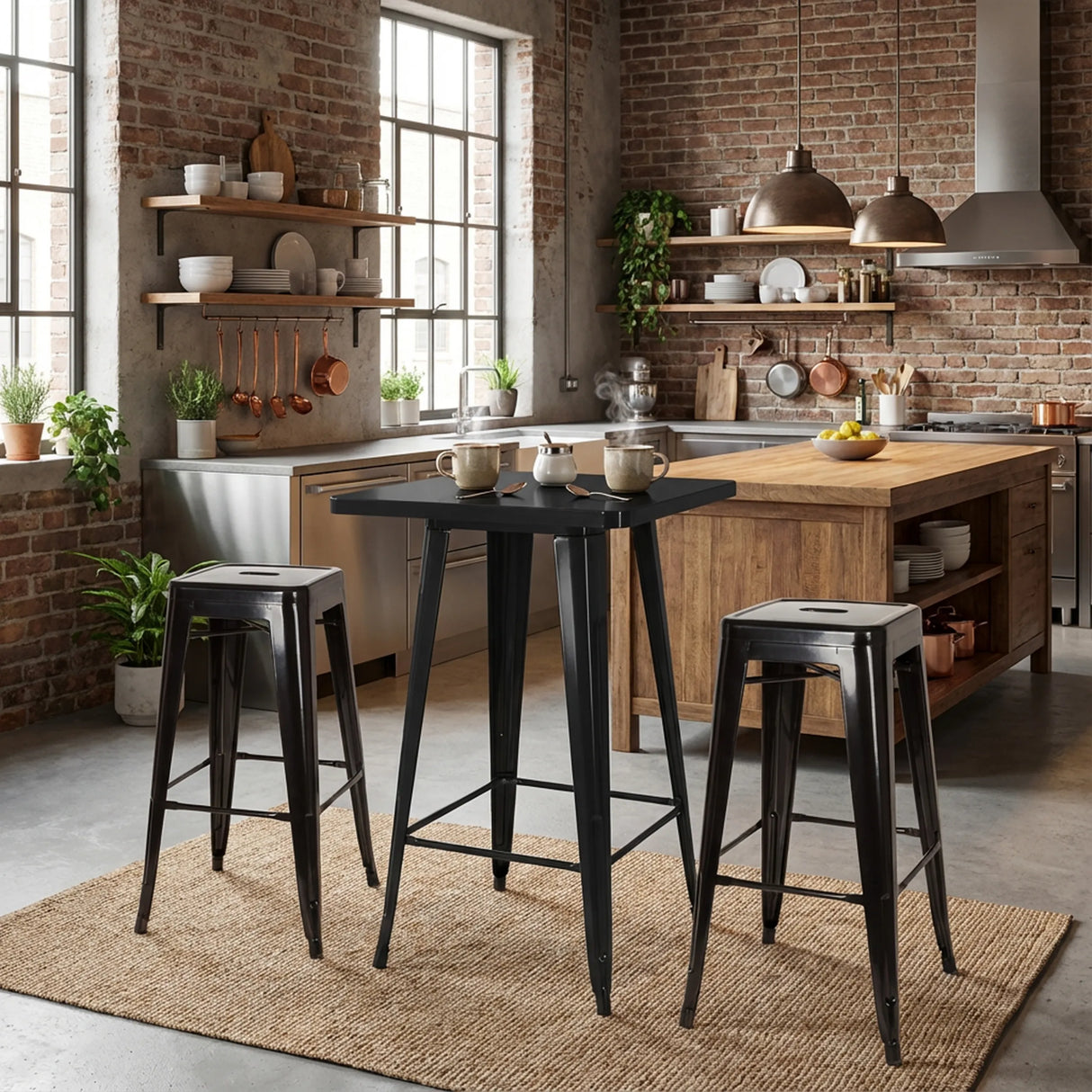 Schwarzes Bar-Set Vantaggio Set mit quadratischem Stehtisch und zwei passenden Barhockern von hjh OFFICE