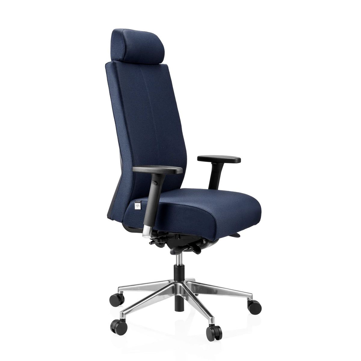 Blauer Profi-Bürostuhl PRO-TEC XXL mit Kopfstütze und Fußkreuz mit fünf Rollen von hjh OFFICE – 360-Grad-Ansicht (schräge Frontansicht 60°)