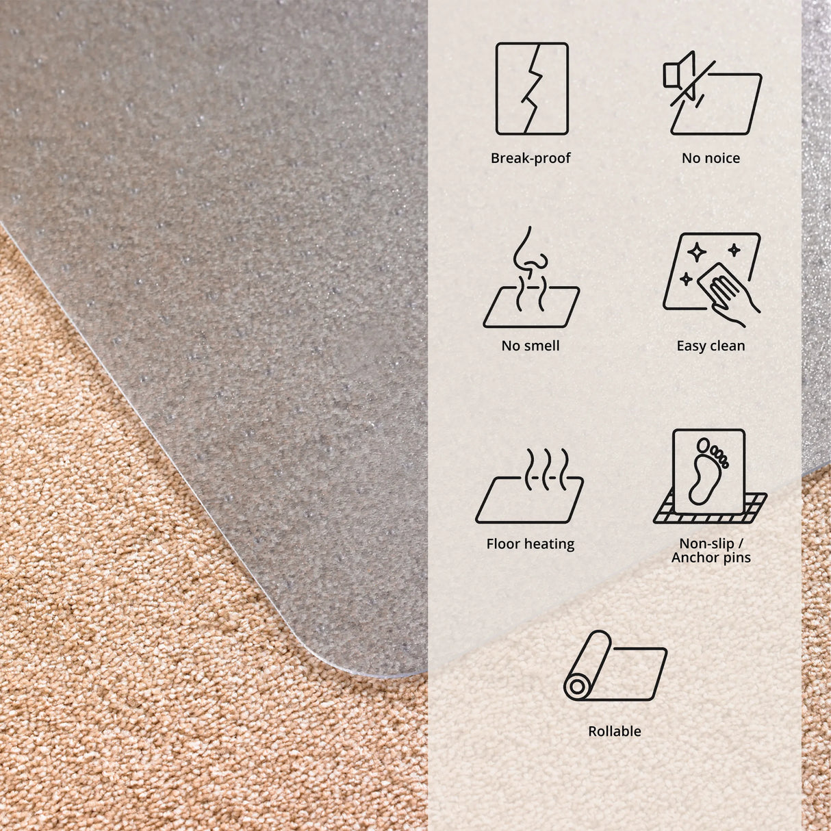 Oberfläche der Bodenschutzmatte ULTIMAT auf einem Teppichboden mit Symbolen zu Materialeigenschaften von Floortex
