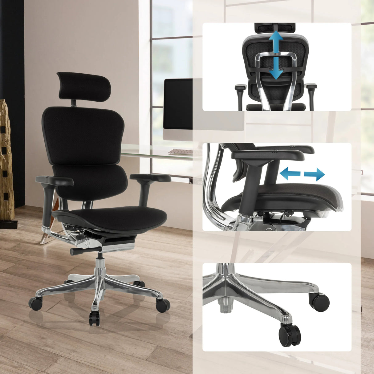 Luxus-Chefsessel ERGOHUMAN GEN2 in Schwarz mit verstellbarer Kopfstütze, Armlehnen und Fußkreuz von hjh OFFICE
