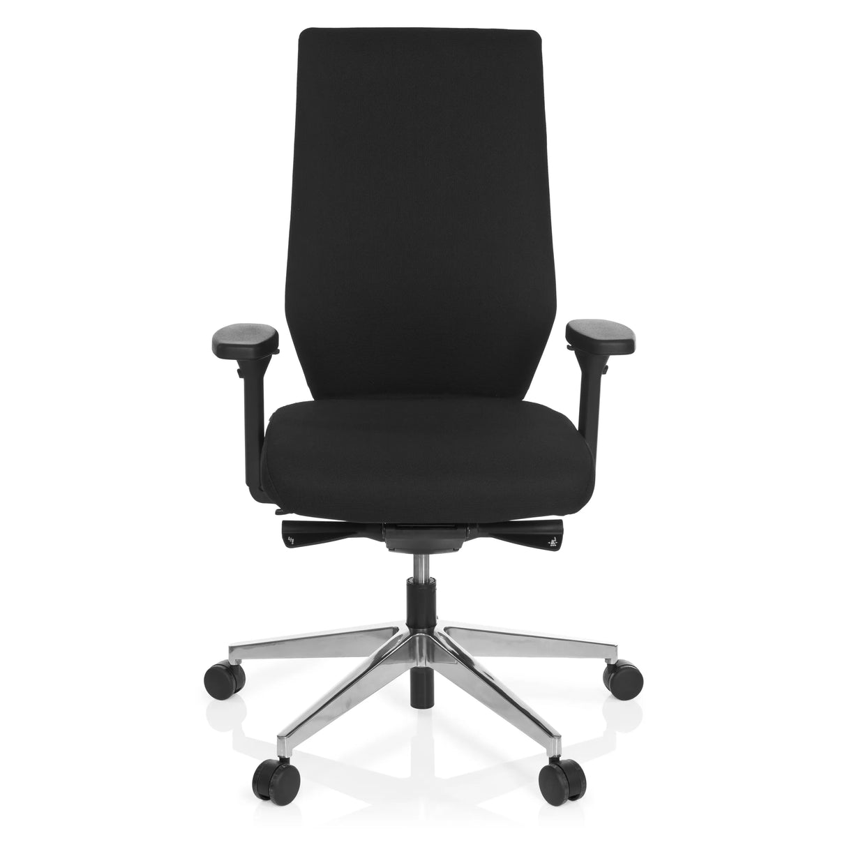 Schwarzer Profi-Bürostuhl PRO-TEC 700 mit Armlehnen und glänzendem Fußkreuz mit fünf Rollen von hjh OFFICE – 360-Grad-Ansicht (Frontansicht 0°)