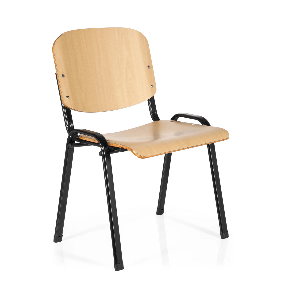 Vierfußstuhl XT 600 SW H mit Sitzfläche und Rückenlehne aus Buche und schwarzem Gestell von hjh OFFICE – 360-Grad-Ansicht (schräge Frontansicht 40°)