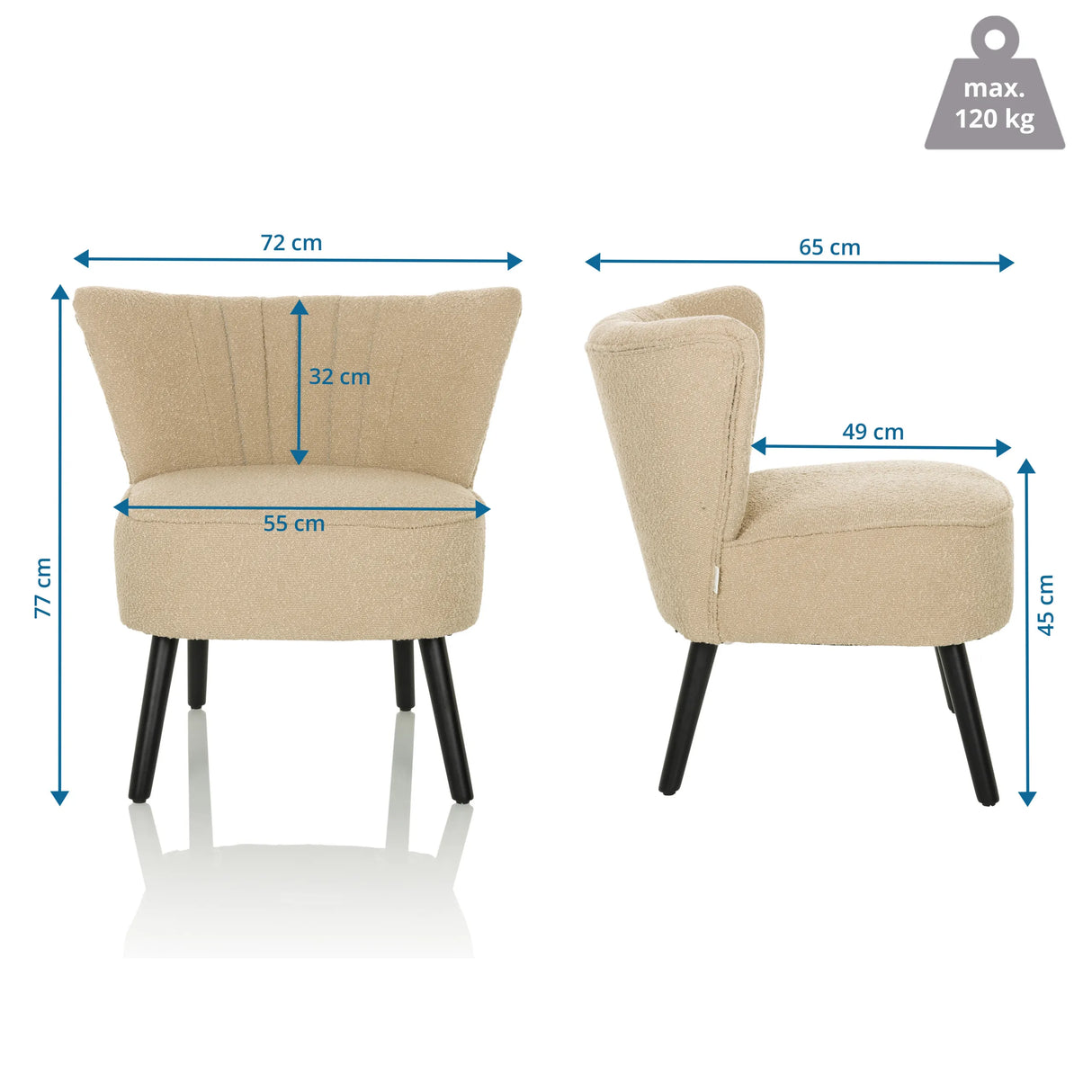 Maßzeichnung des Loungesessels MANISO mit einer Breite von 72 cm und Höhe von 77 cm von hjh LIVING