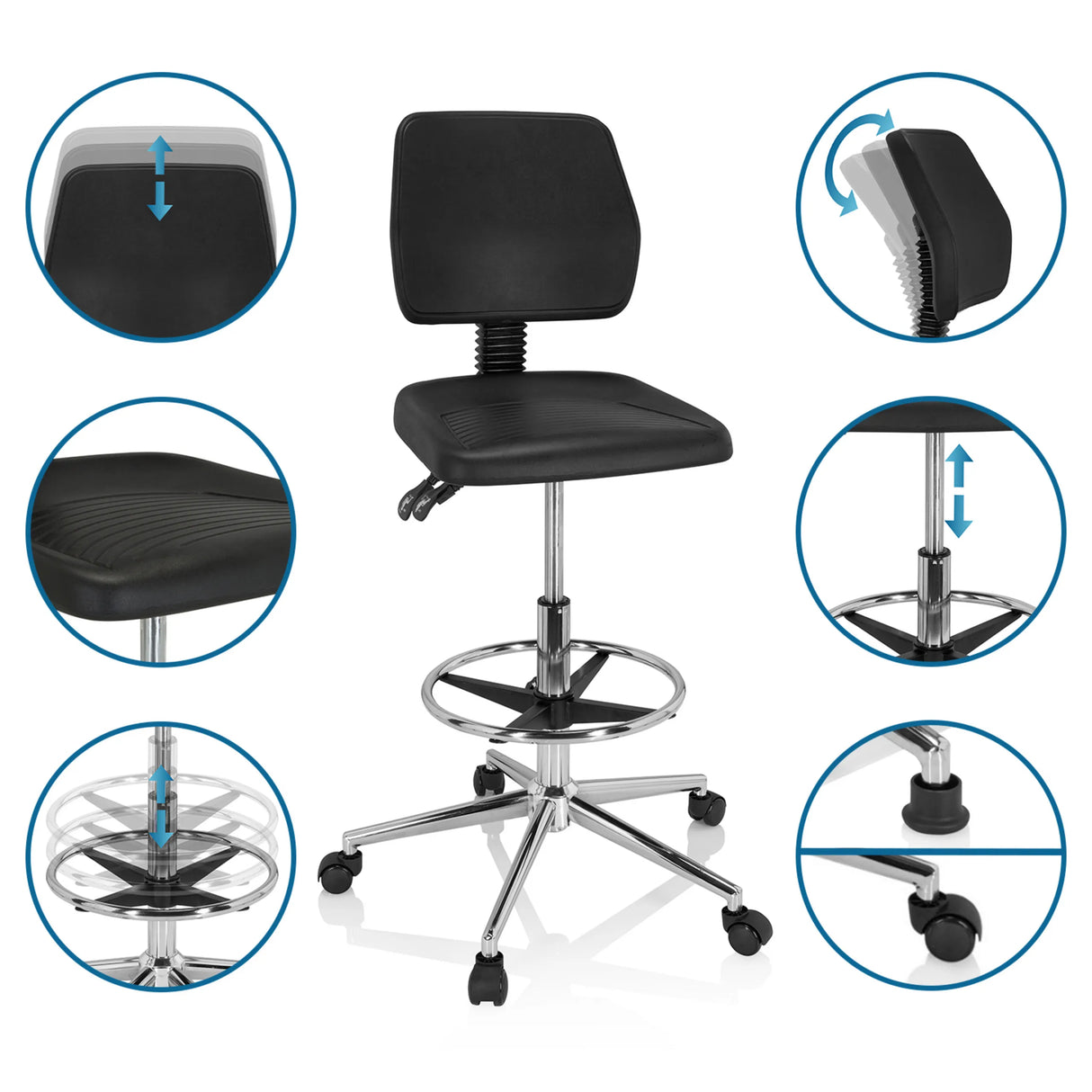 Verstellbare Funktionen des Counterstuhls TOP WORK 11 I in Schwarz mit Fußring und Rollen von hjh OFFICE