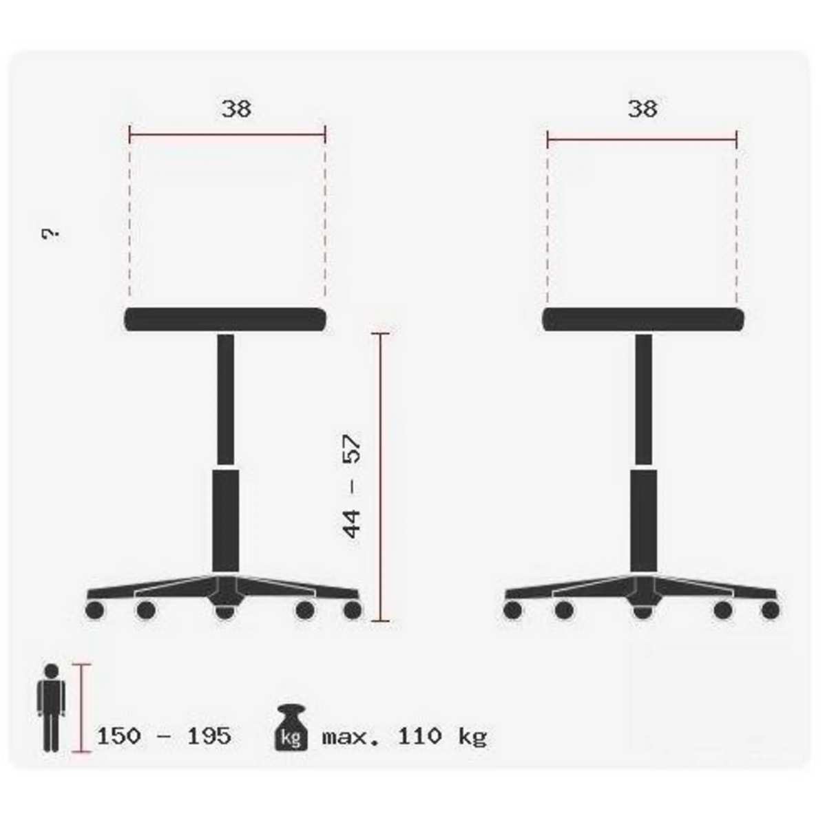 Technische Zeichnung der Stehhilfe SITNESS RS BOB mit einer Höhe von 44 bis 57 cm von Topstar