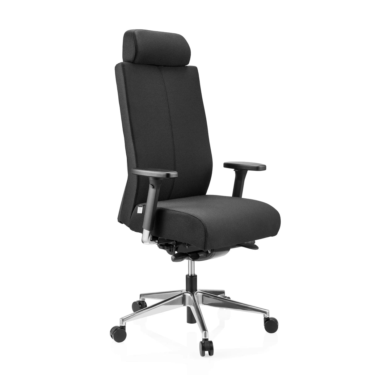 Schwarzer Profi-Bürostuhl PRO-TEC XXL mit Stoffbezug, Kopfstütze und Fußkreuz mit fünf Rollen von hjh OFFICE – 360-Grad-Ansicht (schräge Frontansicht 45°)