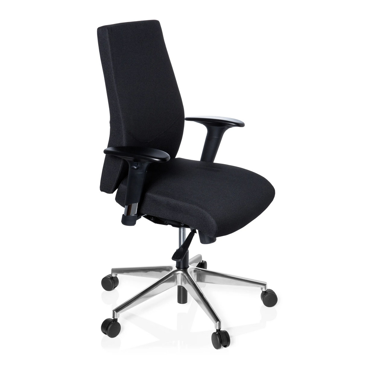 Schwarzer Profi-Bürostuhl PRO-TEC 250 mit Armlehnen und Fußkreuz mit fünf Rollen von hjh OFFICE – 360-Grad-Ansicht (schräge Frontansicht 60°)