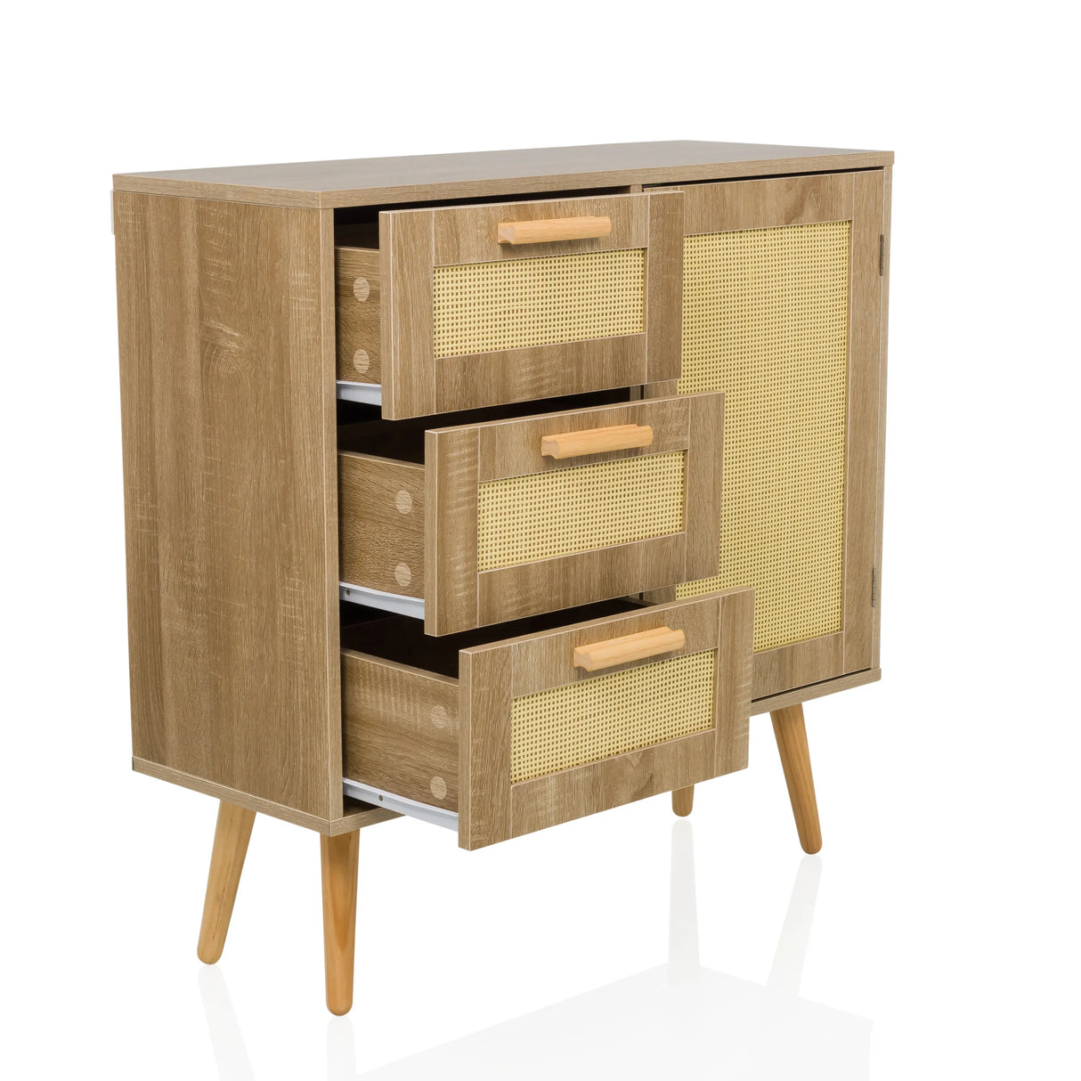 Hellbraunes Sideboard STRYN mit drei offenen Schubladen, Wiener Geflecht und Beinen von hjh LIVING