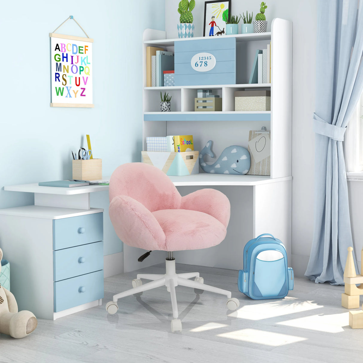 Rosa Kinderdrehstuhl KID TEDDY mit flauschigem Bezug und weißem Fußkreuz auf Rollen von hjh OFFICE