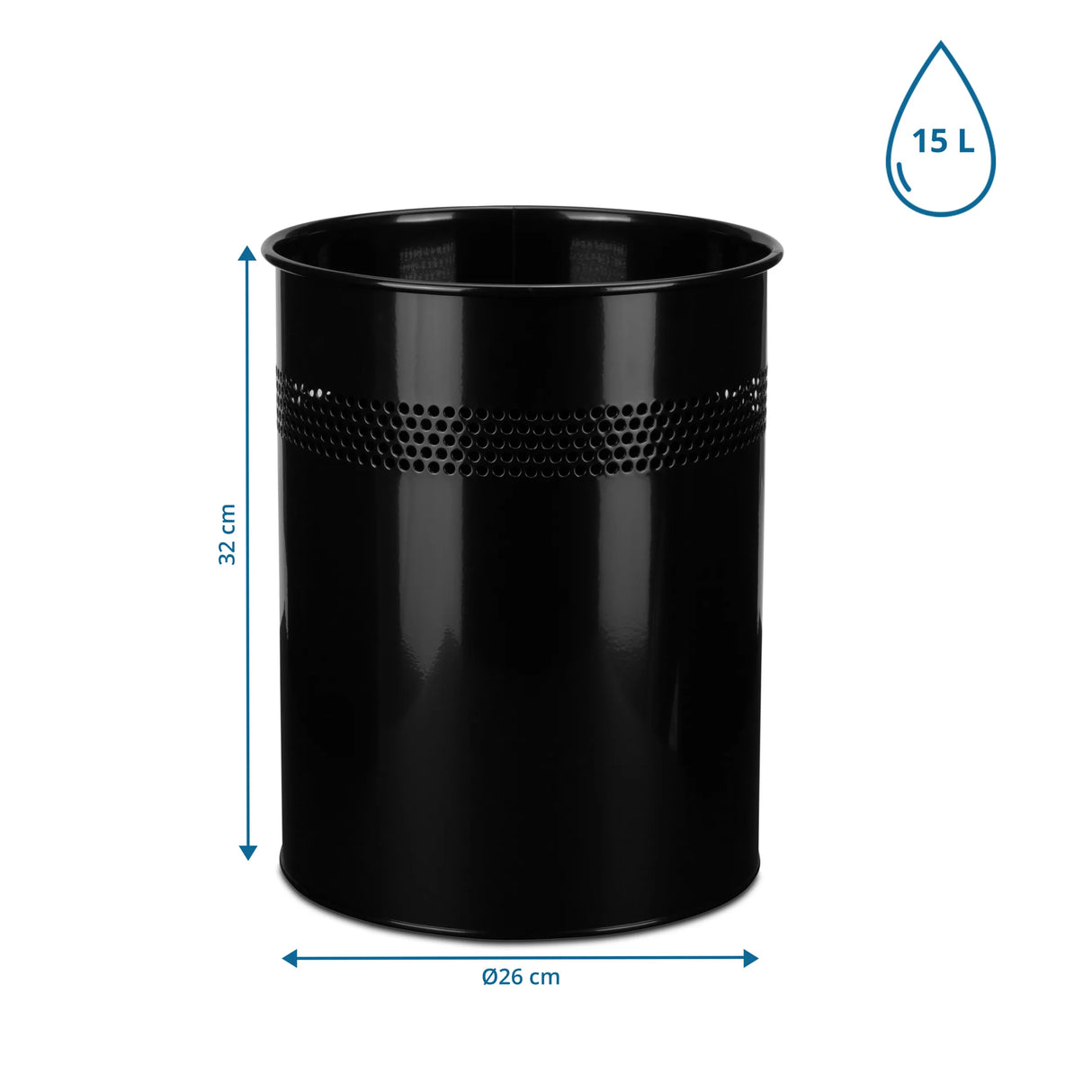 Maßansicht des Mülleimers CLEAN III mit 32 cm Höhe, 26 cm Durchmesser und 15 L Volumen von hjh OFFICE