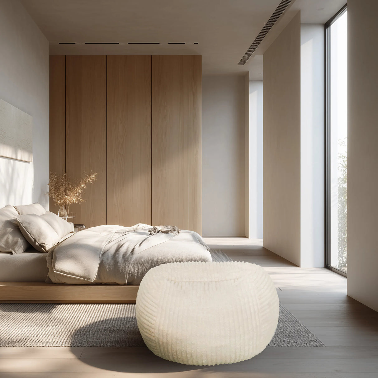 Beiger Sitzsack Sitzolo R mit gerippter Oberflächenstruktur in einem hellen Raum von hjh LIVING