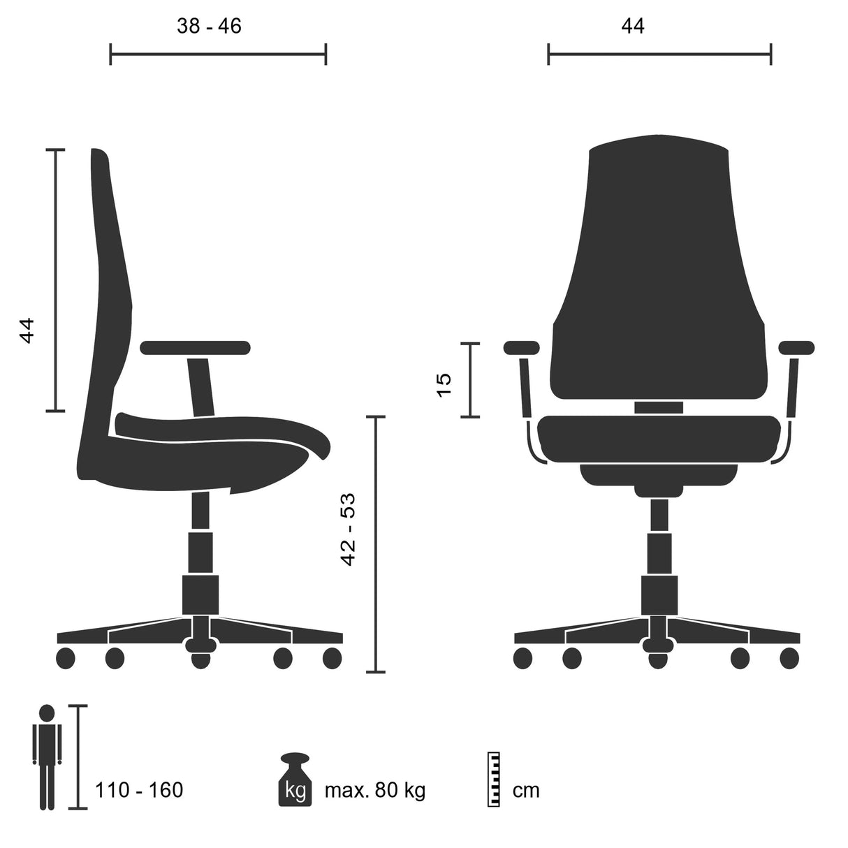 Technische Zeichnung des Kinderstuhls KID ERGO mit einer maximalen Belastung von 80 kg von hjh OFFICE