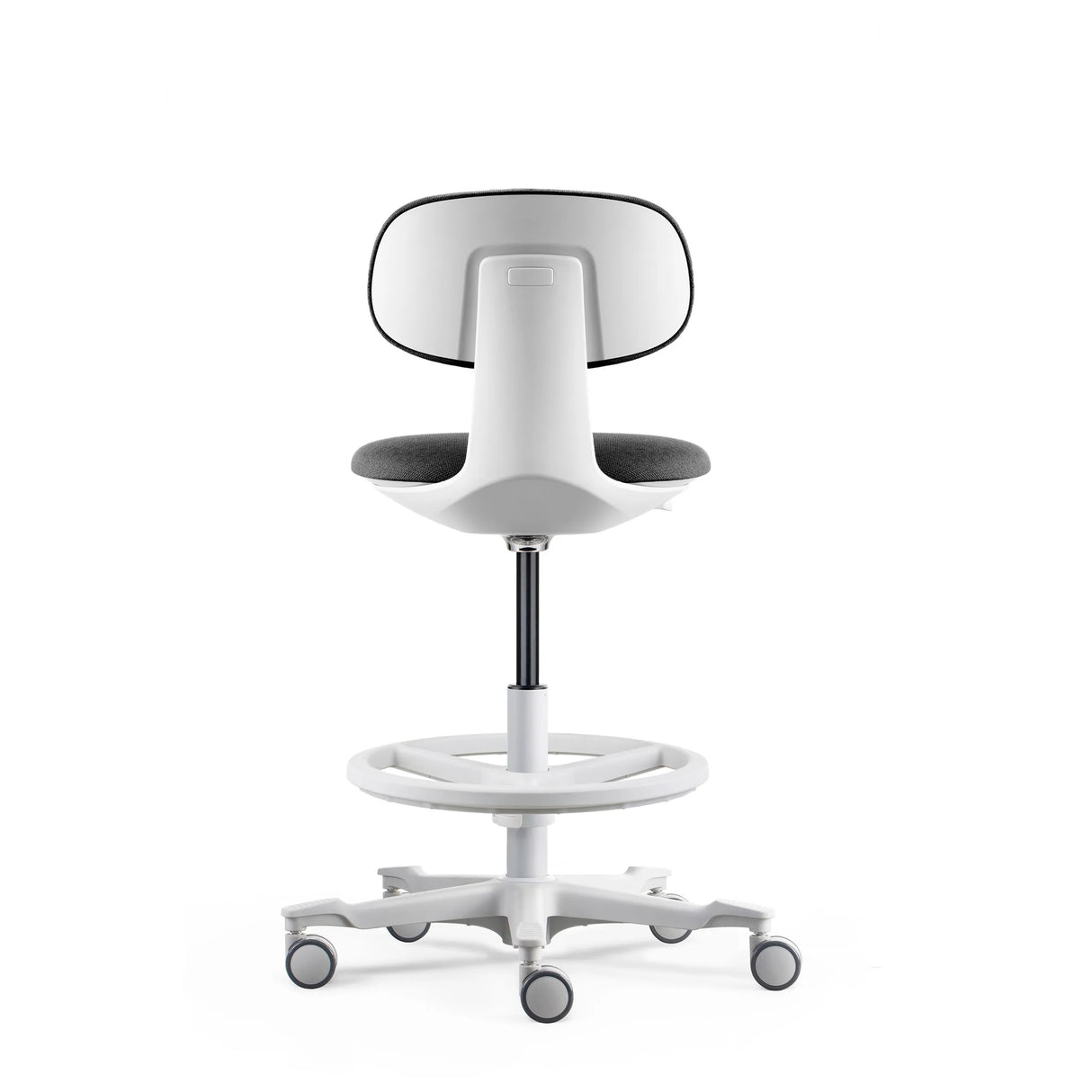 Rückansicht des Arbeitsstuhls WORK MF2 W in Dunkelgrau mit Fußring und Rollen von hjh OFFICE
