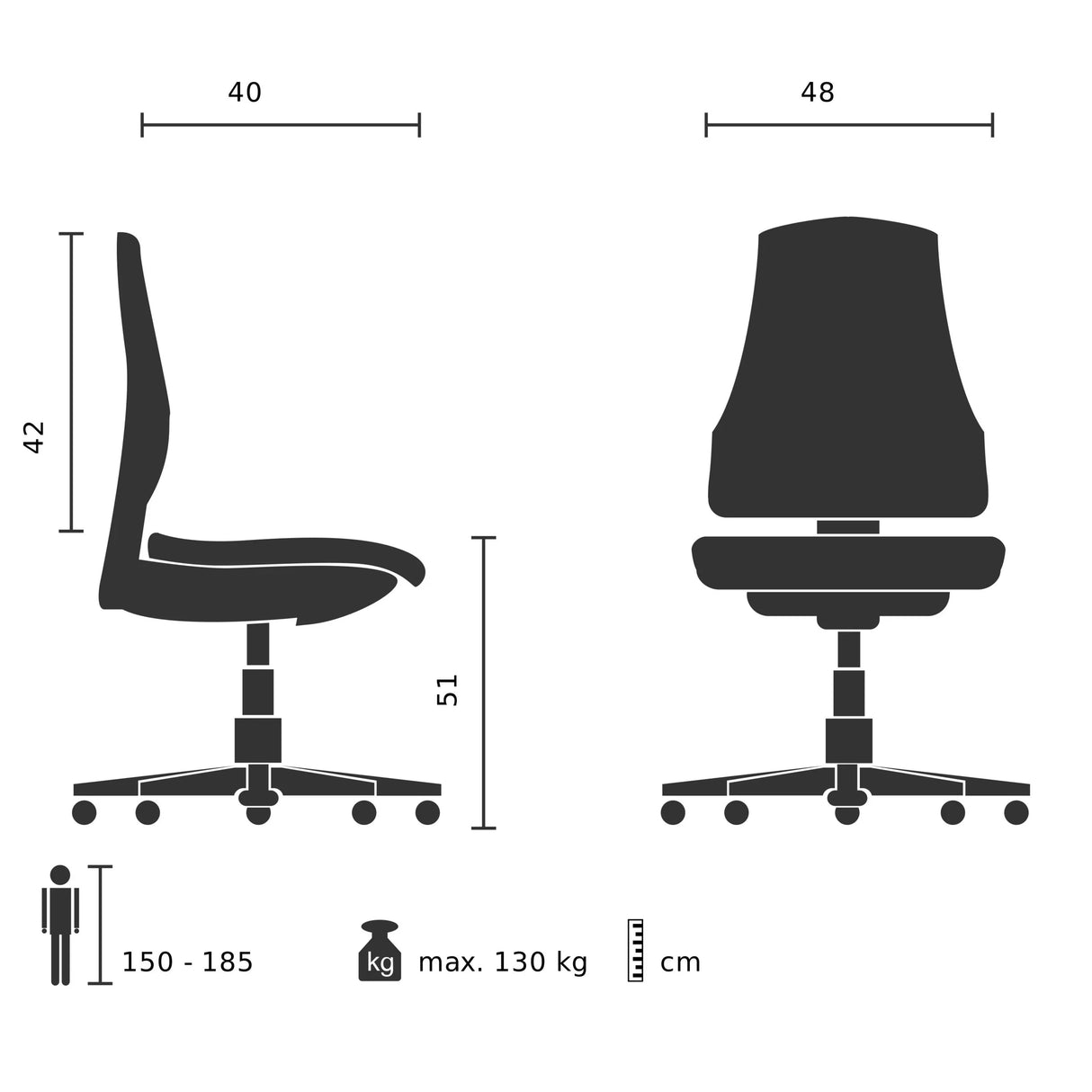 Technische Zeichnung des Polsterstuhls TARVISO PU mit einer maximalen Belastbarkeit von 130 kg von hjh OFFICE