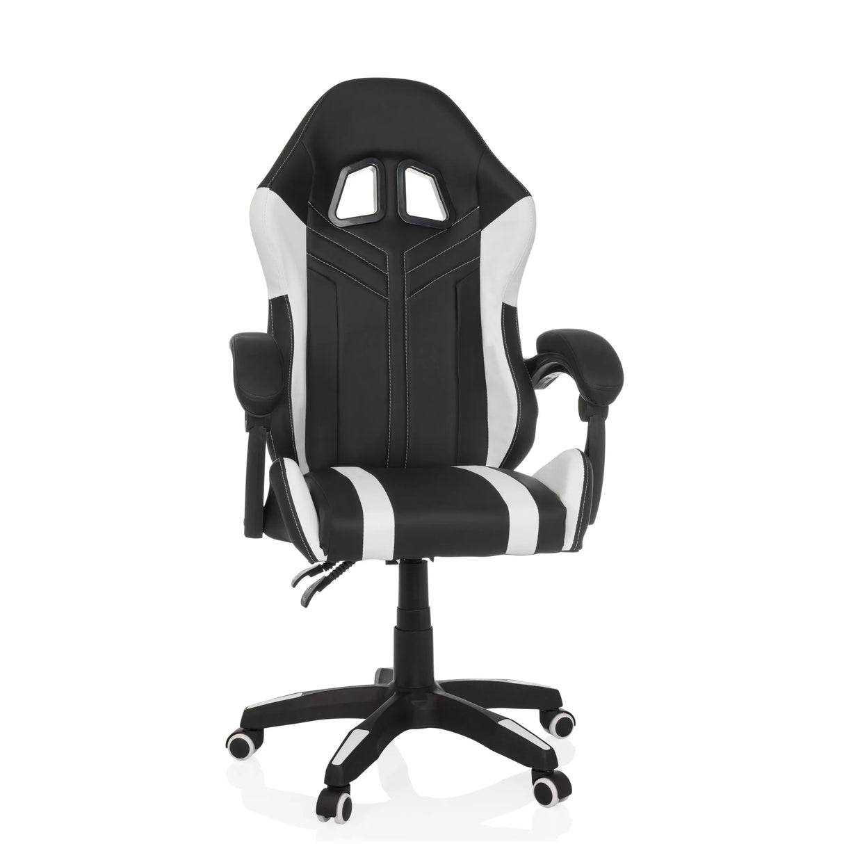 Schwarz-weißer Gamingstuhl GAMEBREAKER W02 mit Fußkreuz mit fünf Rollen von MyBuero – 360-Grad-Ansicht (Frontansicht 15°)