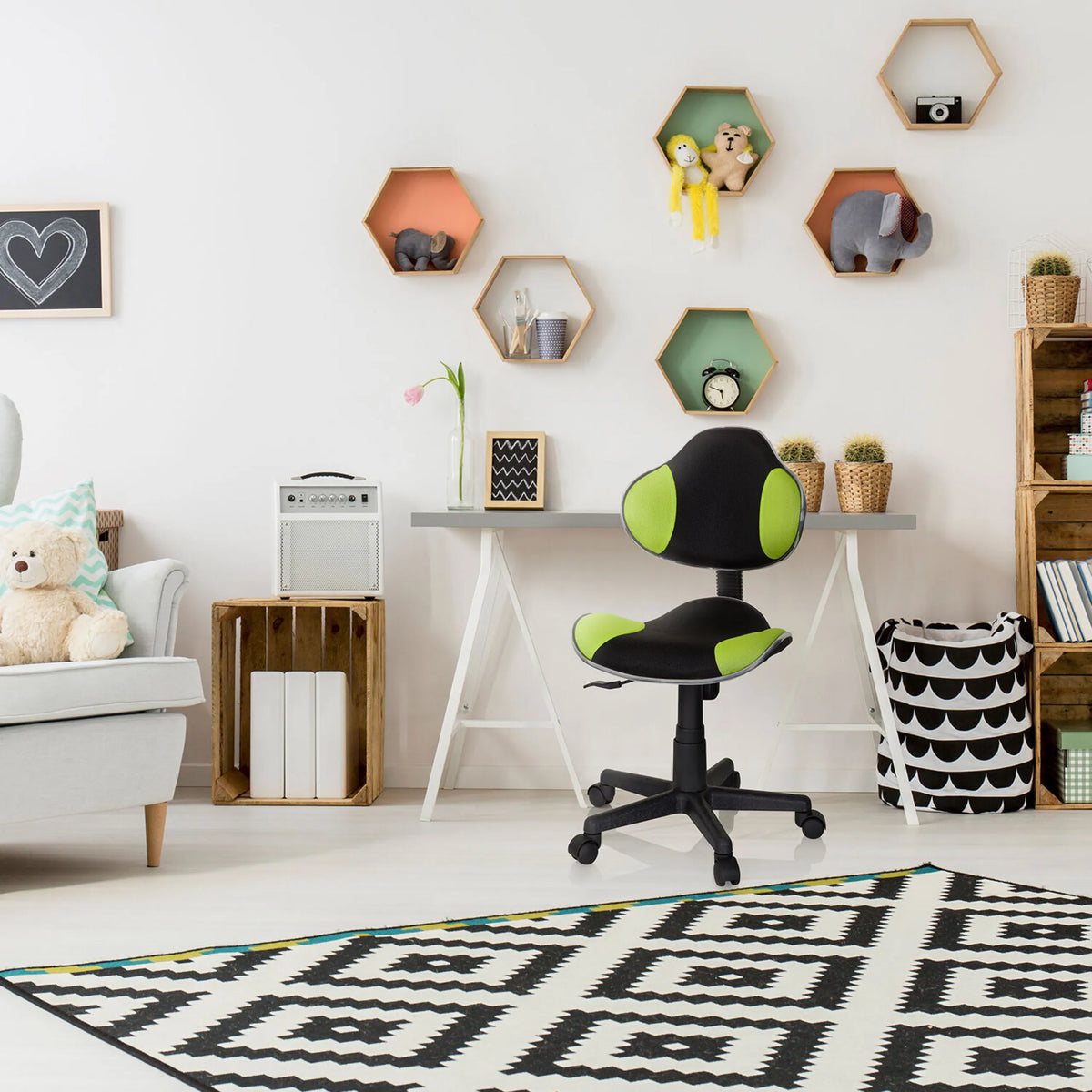 Kinderdrehstuhl KIDDY GTI-2 in Schwarz und Grün mit Rollen und Sternfuß von hjh OFFICE