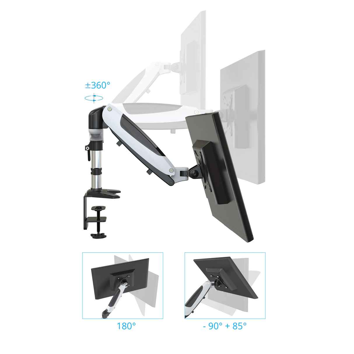 Verstellmöglichkeiten der Monitorhalterung VM-MG2S mit einer Drehung von 360° und Neigungswinkeln von hjh OFFICE