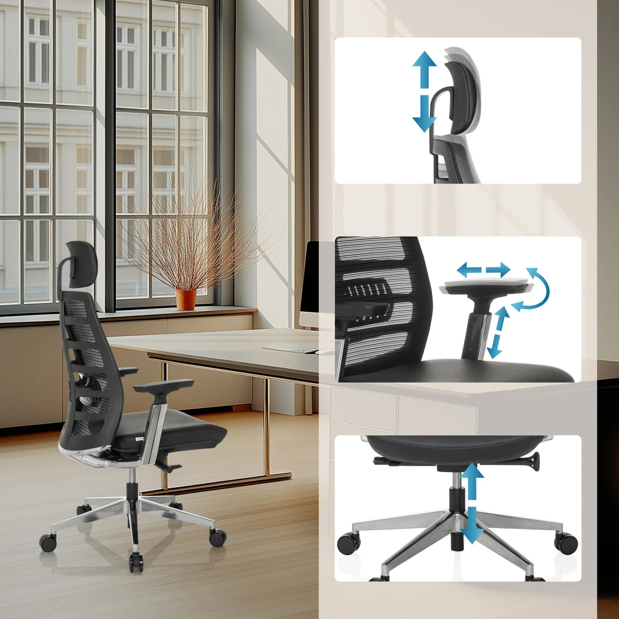 Verstellbare Kopfstütze, Armlehnen und Sitzhöhe des High-End-Bürostuhls SPINIO ELITE L von hjh OFFICE