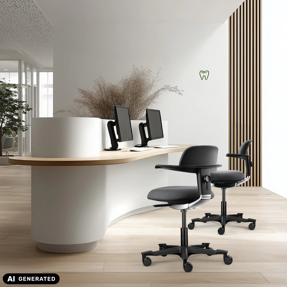 Zwei dunkelgraue Arbeitsstühle WORK 40 an einem geschwungenen Empfangstresen von hjh OFFICE (KI-generiertes Bild)