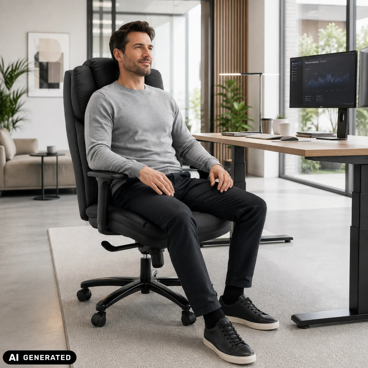 Drehstuhl XXL Pullmann Gen2 aus schwarzem Kunstleder mit hoher Rückenlehne und Armlehnen von hjh OFFICE
