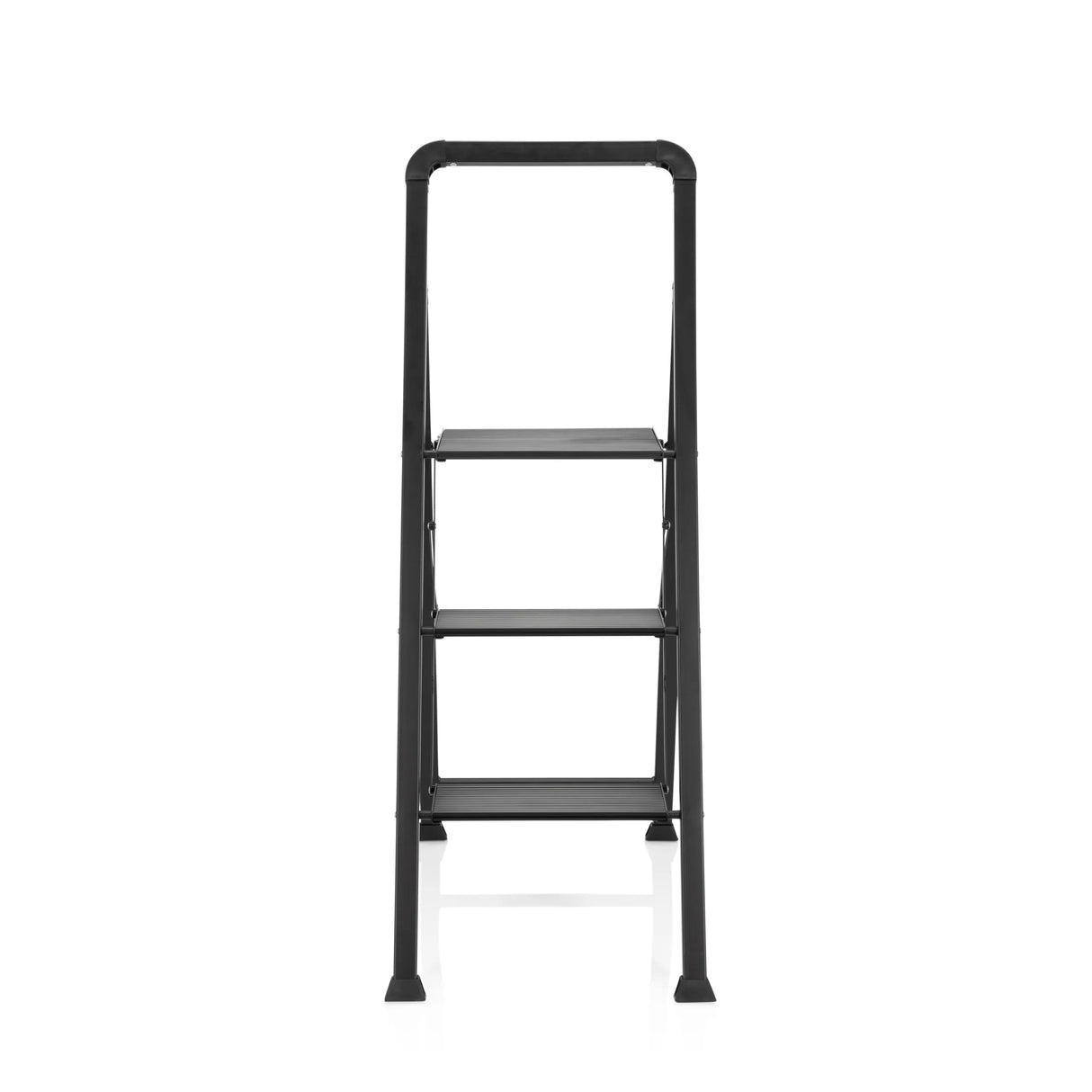 Schwarze Klappleiter SOLID W6 mit drei Stufen und einem Handgriff von hjh OFFICE – 360-Grad-Ansicht (Frontansicht 0°)