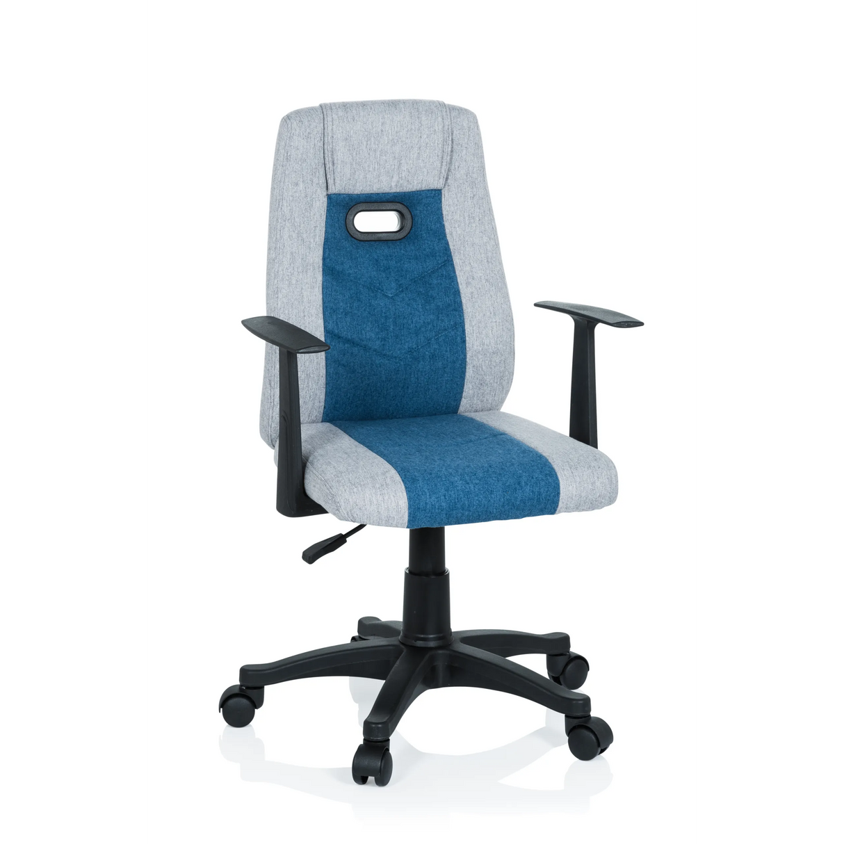 Grau-blauer Kinderdrehstuhl KIDDY EXTRA mit Armlehnen und Fußkreuz mit fünf Rollen von hjh OFFICE – 360-Grad-Ansicht (Frontansicht 20°)