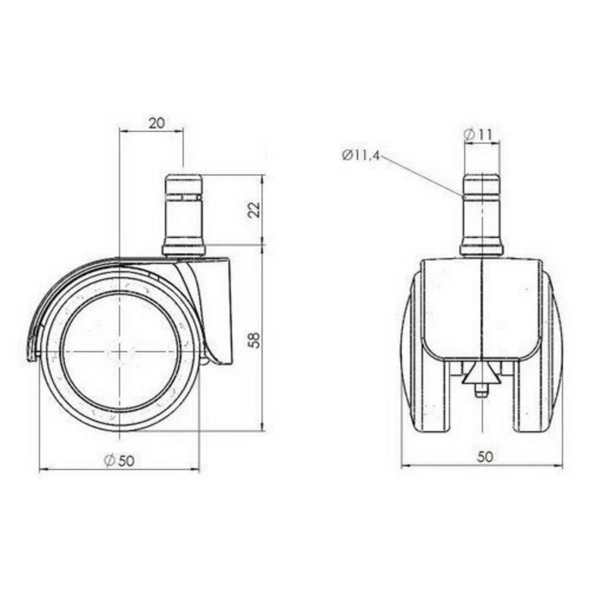 Technische Zeichnung der Stuhlrolle 5x ROLO LUX 11mm/50mm mit einem Rollendurchmesser von 50 mm von hjh OFFICE