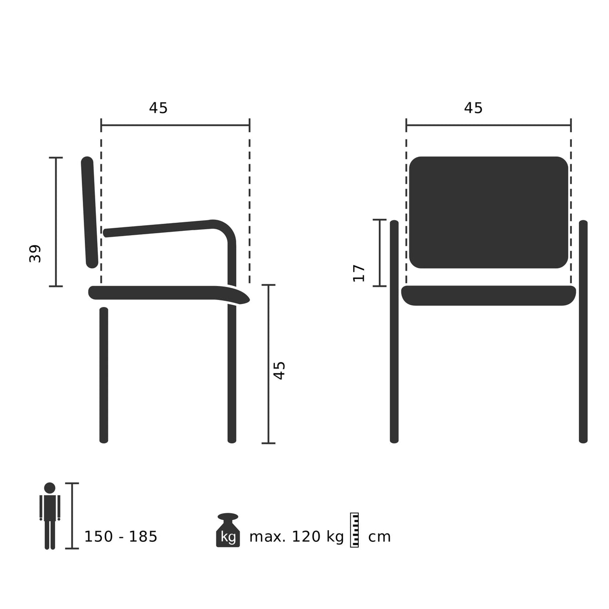 Technische Zeichnung des Klappstuhls SCANDIO mit einer Sitzhöhe von 45 cm von hjh OFFICE