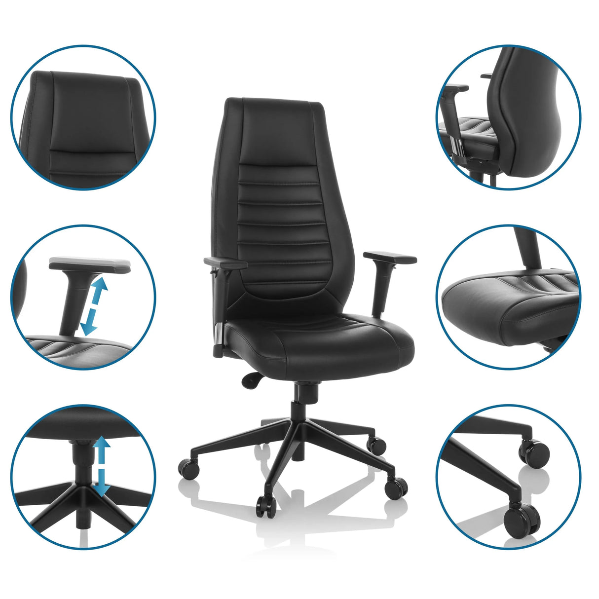 Profi-Chefsessel VITORO B in Schwarz mit Detailansichten der Armlehnen, Sitzfläche und Gasfeder von hjh OFFICE