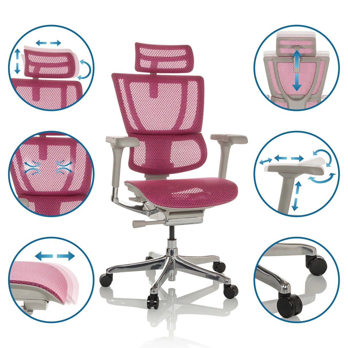 Rosa Luxus-Chefsessel ERGOHUMAN SLIM G GEN2 mit verstellbarer Kopfstütze, Armlehnen und Netzrücken von hjh OFFICE