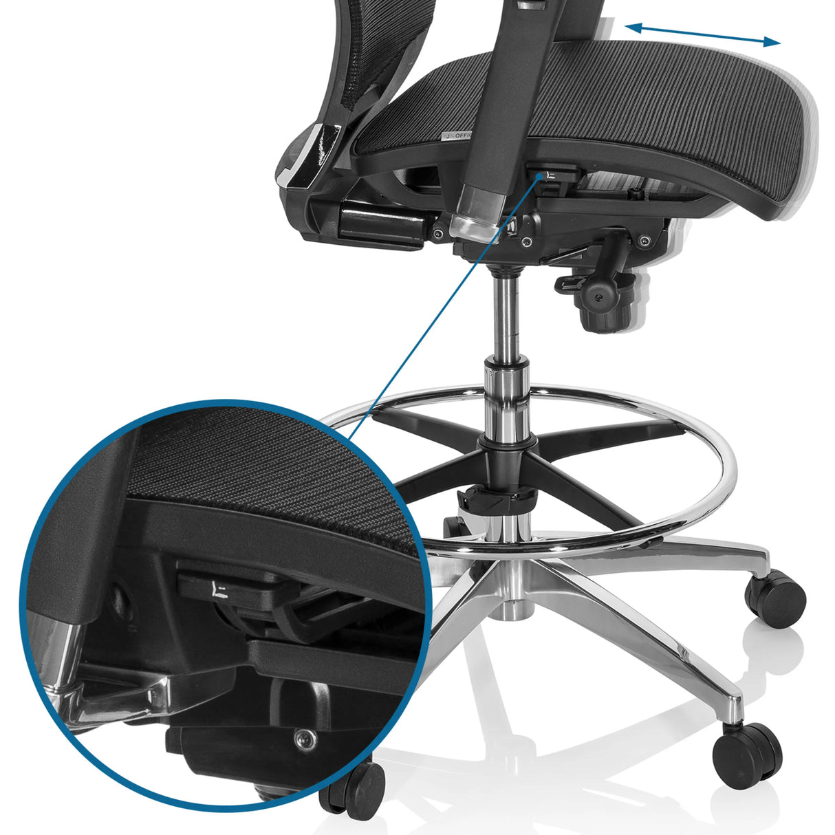 Sitzhöhenverstellung und Fußring des Counterstuhls TOP WORK 78 von hjh OFFICE