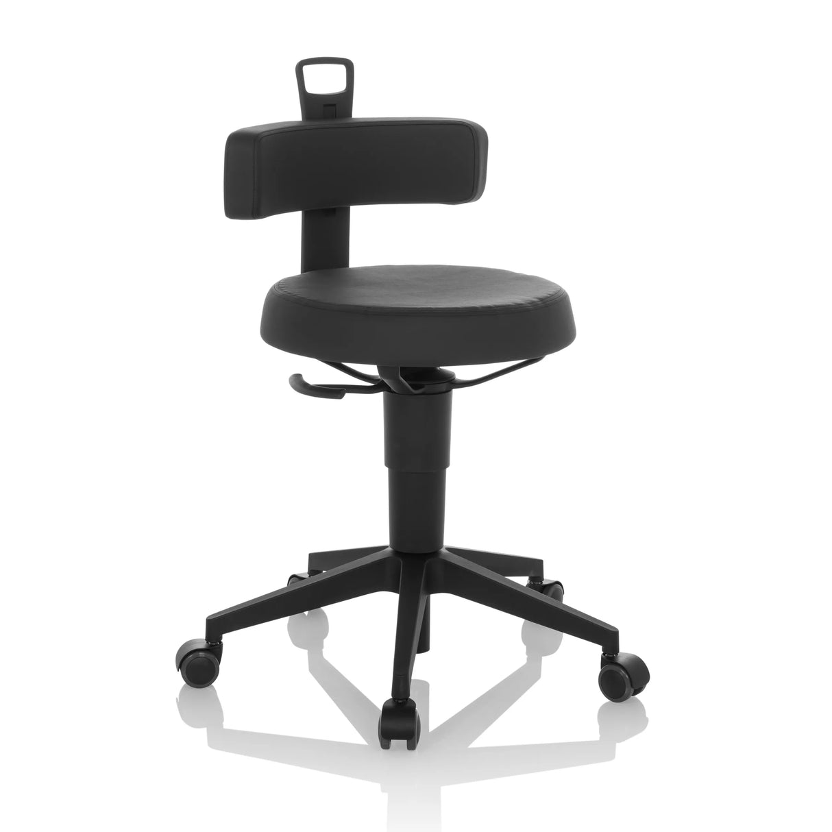 Schwarzer Drehhocker TOP WORK FLEX PU aus Kunstleder mit Rückenlehne und Fußkreuz mit fünf Rollen von hjh OFFICE – 360-Grad-Ansicht (schräge Frontansicht 30°)