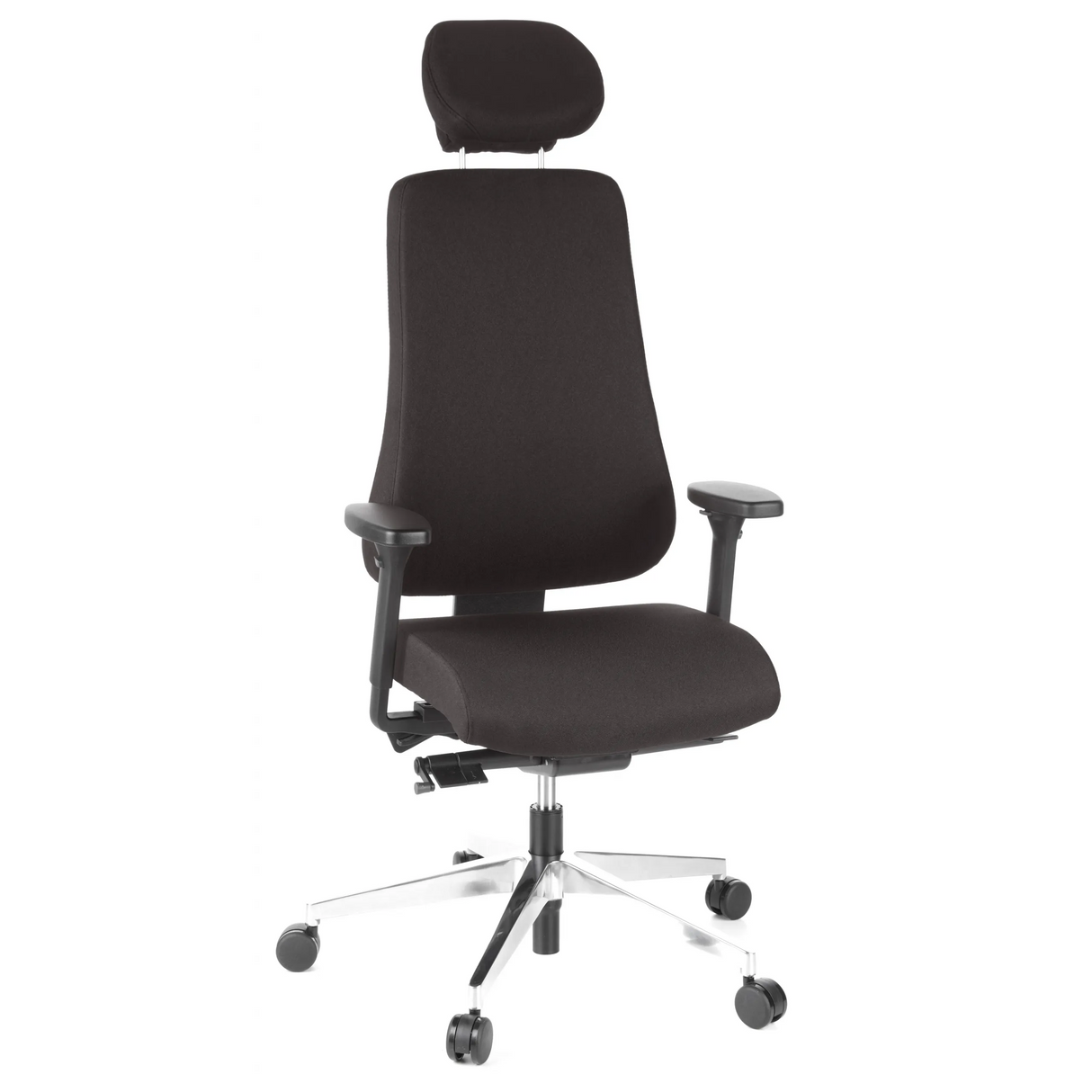 Schwarzer Profi-Bürostuhl PRO-TEC 400 mit Kopfstütze, Armlehnen und Fußkreuz mit fünf Rollen von hjh OFFICE – 360-Grad-Ansicht (Frontansicht 20°)