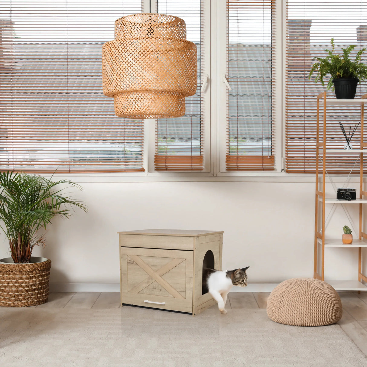 Katzenhaus KITTY PAWBOX 1 in Eiche-Optik mit kreisförmigem Eingang und Frontverzierung von hjh LIVING