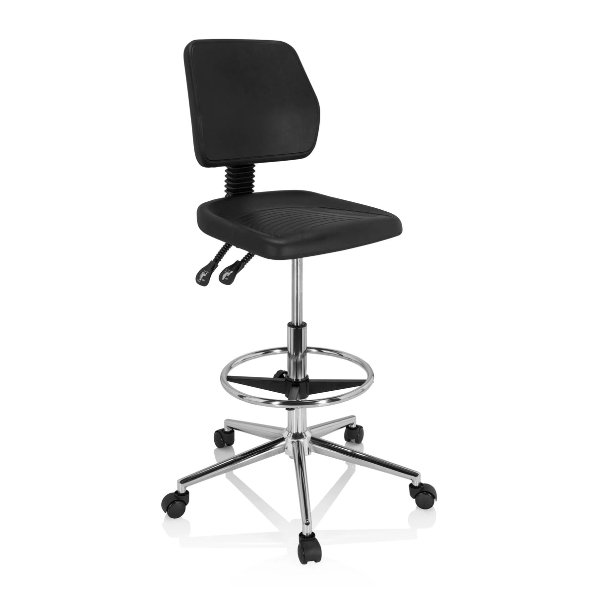 Schwarzer Counterstuhl TOP WORK 11 I mit Fußring und Fußkreuz mit fünf Rollen von hjh OFFICE – 360-Grad-Ansicht (schräge Frontansicht 40°)