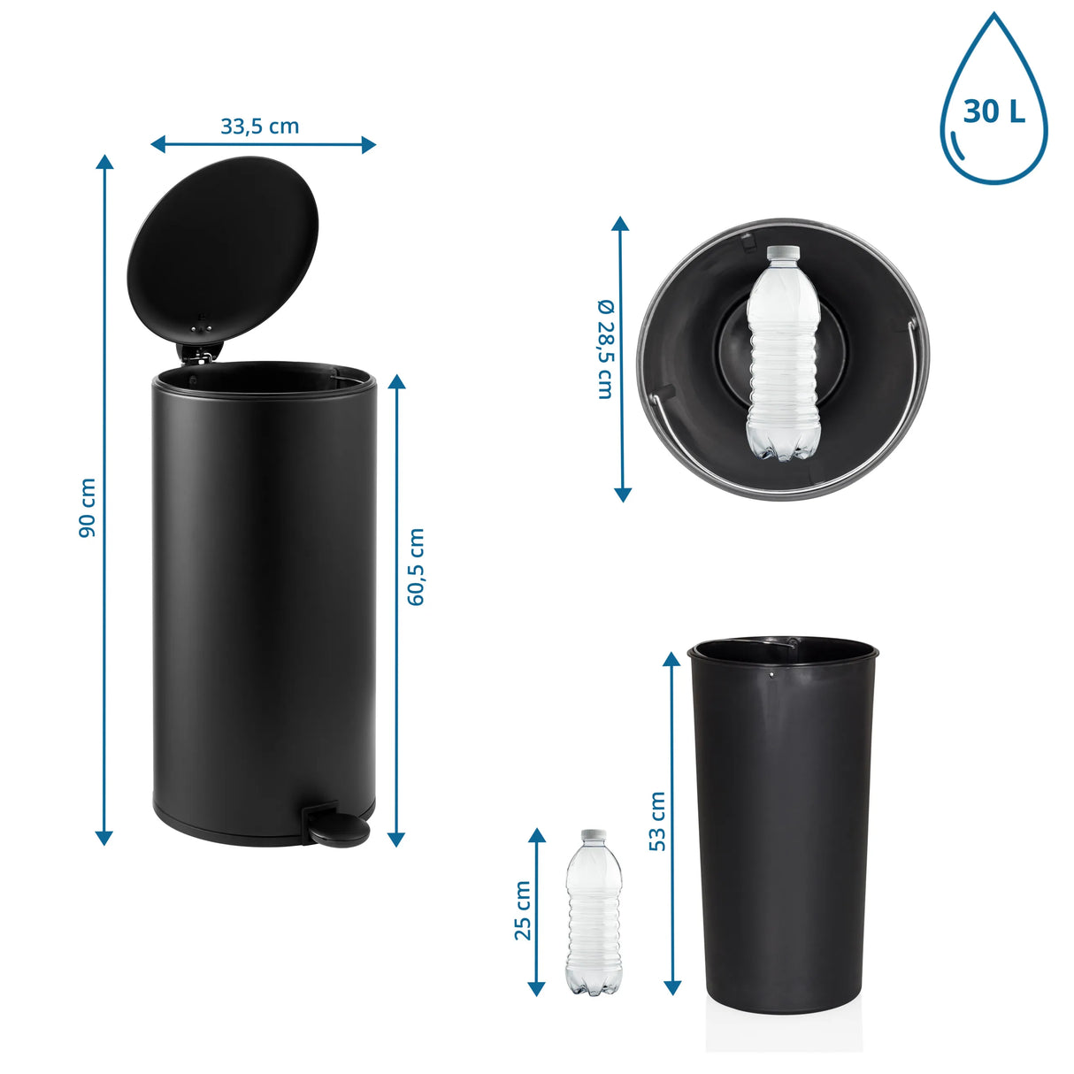Maßzeichnung des Mülleimers CLEAN STEP 2 mit 90 cm Höhe und 30 L Volumen von hjh OFFICE
