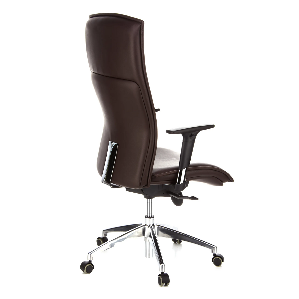 Dunkelbrauner Luxus-Chefsessel MURANO 20 mit Armlehnen und Fußkreuz mit fünf Rollen von hjh OFFICE – 360-Grad-Ansicht (schräge Rückenansicht 120°)