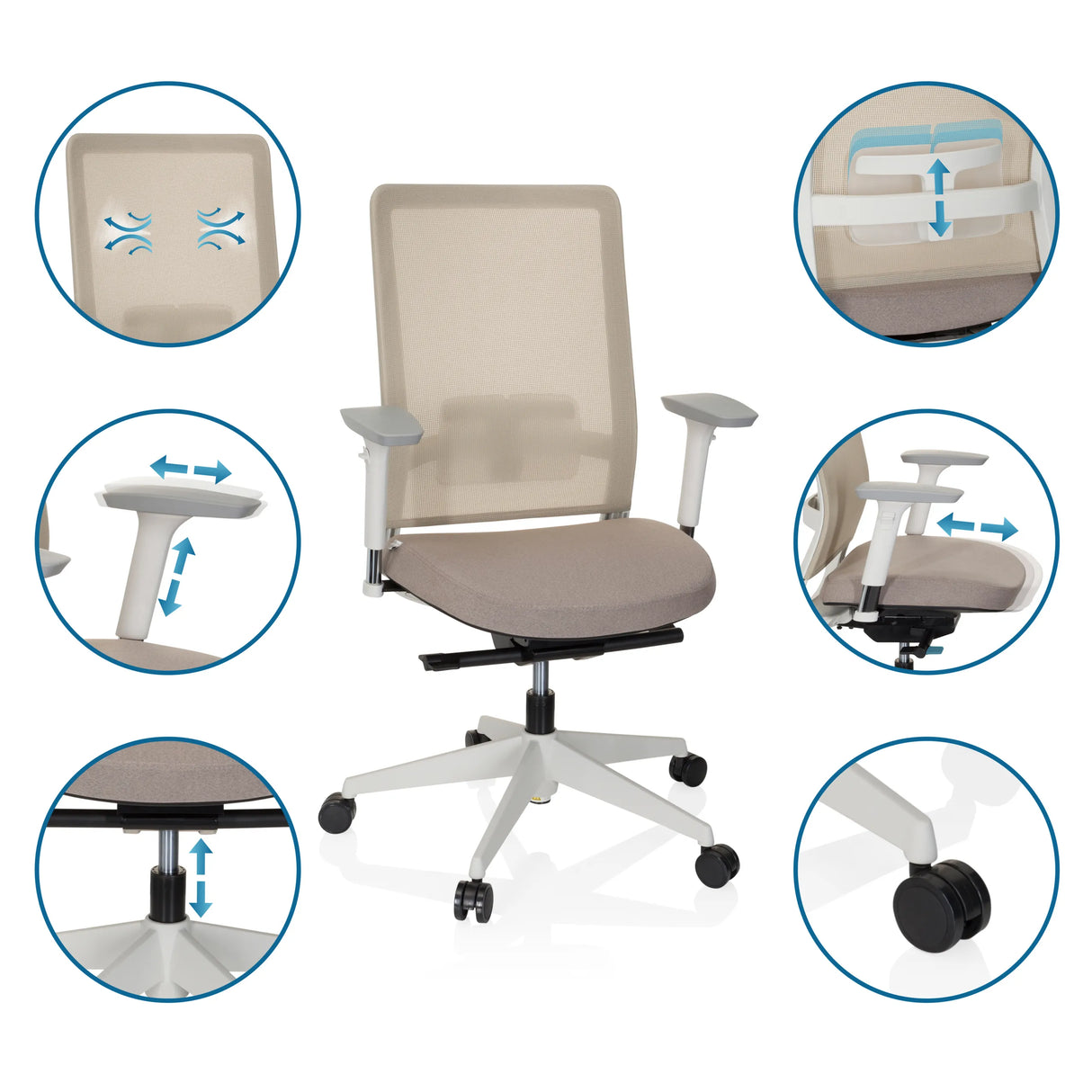 Verstellbare Funktionen des Profi-Bürostuhls PURE WHITE in Beige von hjh OFFICE
