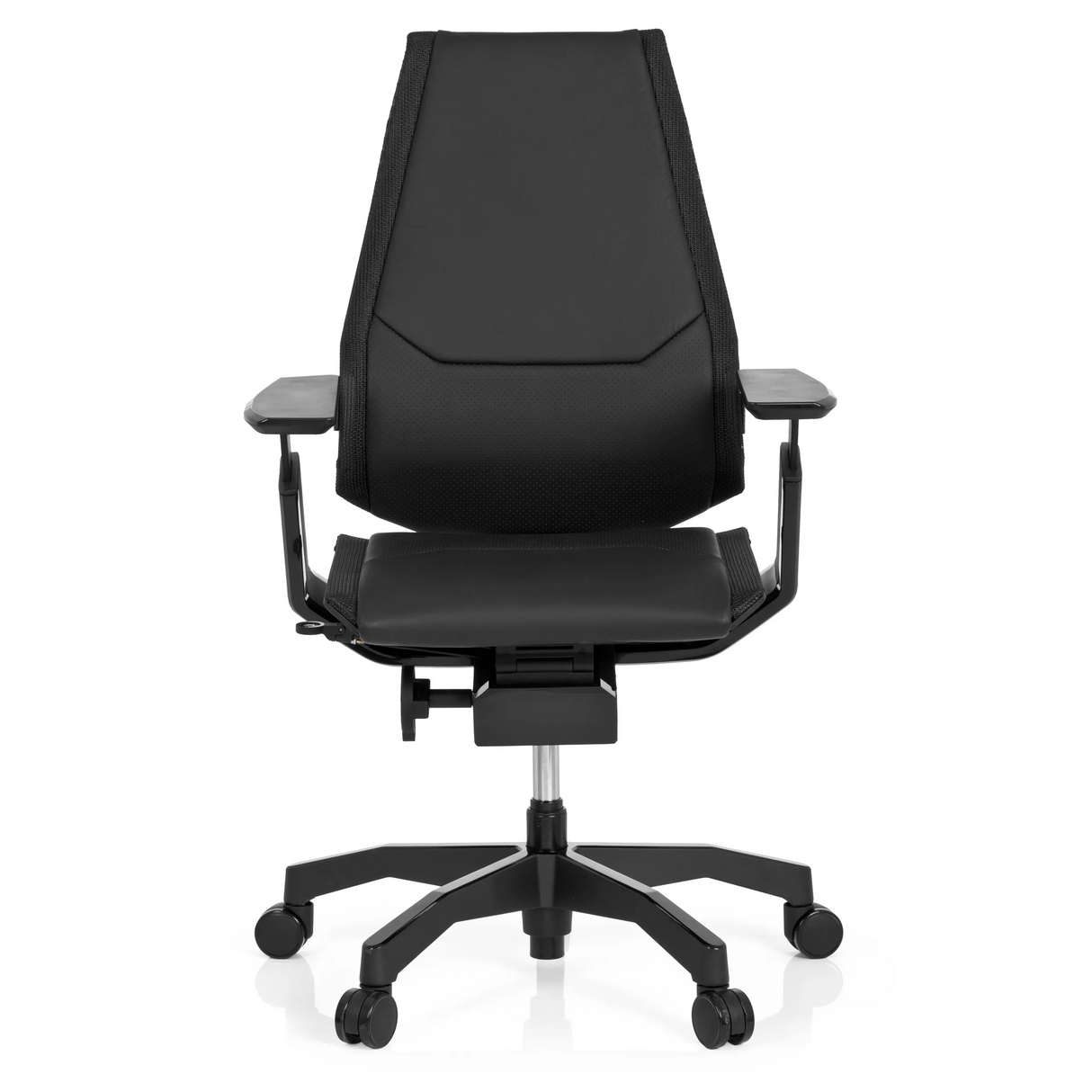 Schwarzer High-End-Bürostuhl GENIDIA BLACK aus Leder mit Armlehnen und Fußkreuz mit fünf Rollen von hjh OFFICE – 360-Grad-Ansicht (Frontansicht 0°)