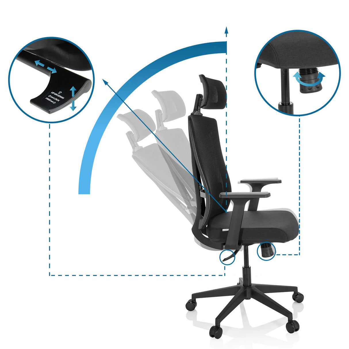 Verstellbare Rückenlehne und Sitzhöhe des Profi-Bürostuhls KODIAK von hjh OFFICE