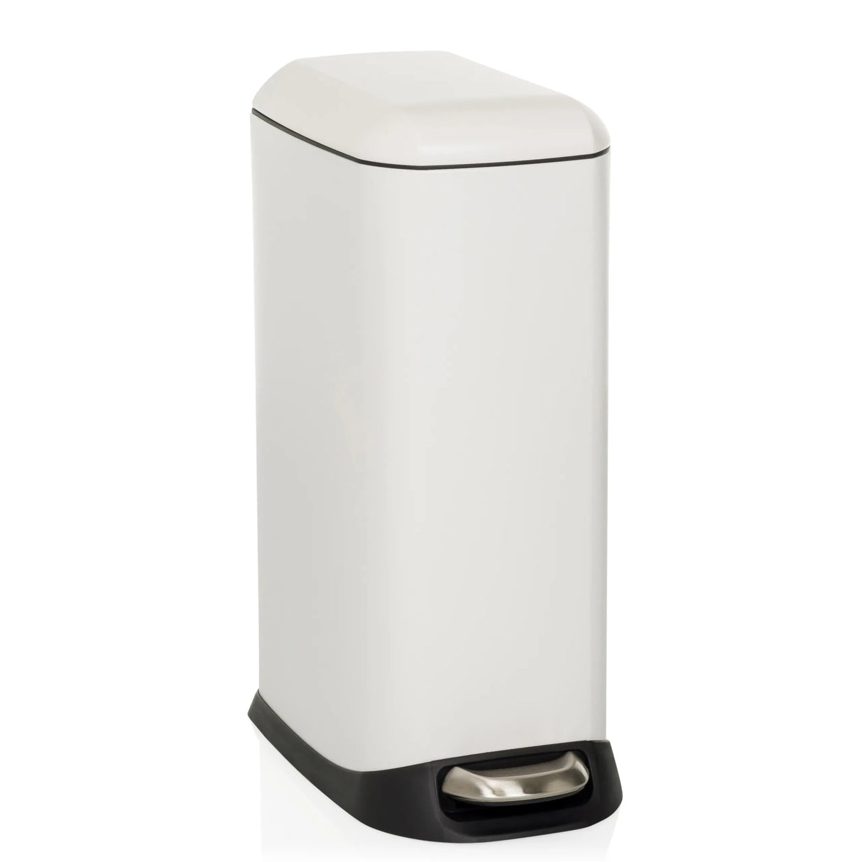 Weißer Mülleimer CLEAN SLIM mit Trittpedal und abgerundetem Deckel von hjh OFFICE – 360-Grad-Ansicht (Frontansicht 15°)