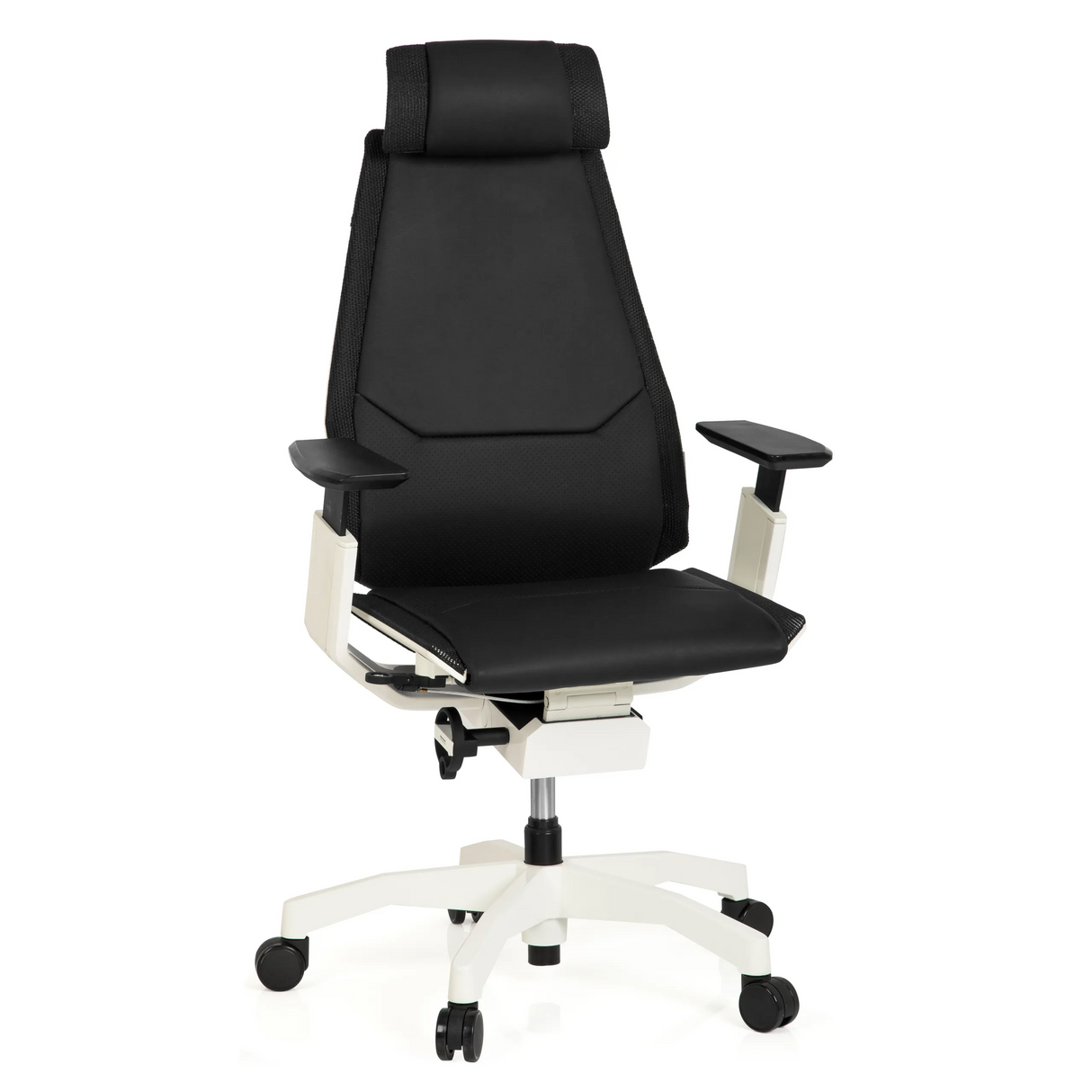 Schwarzer High-End-Bürostuhl GENIDIA PRO WHITE aus Leder mit weißem Fußkreuz und fünf Rollen von hjh OFFICE – 360-Grad-Ansicht (Frontansicht 20°)