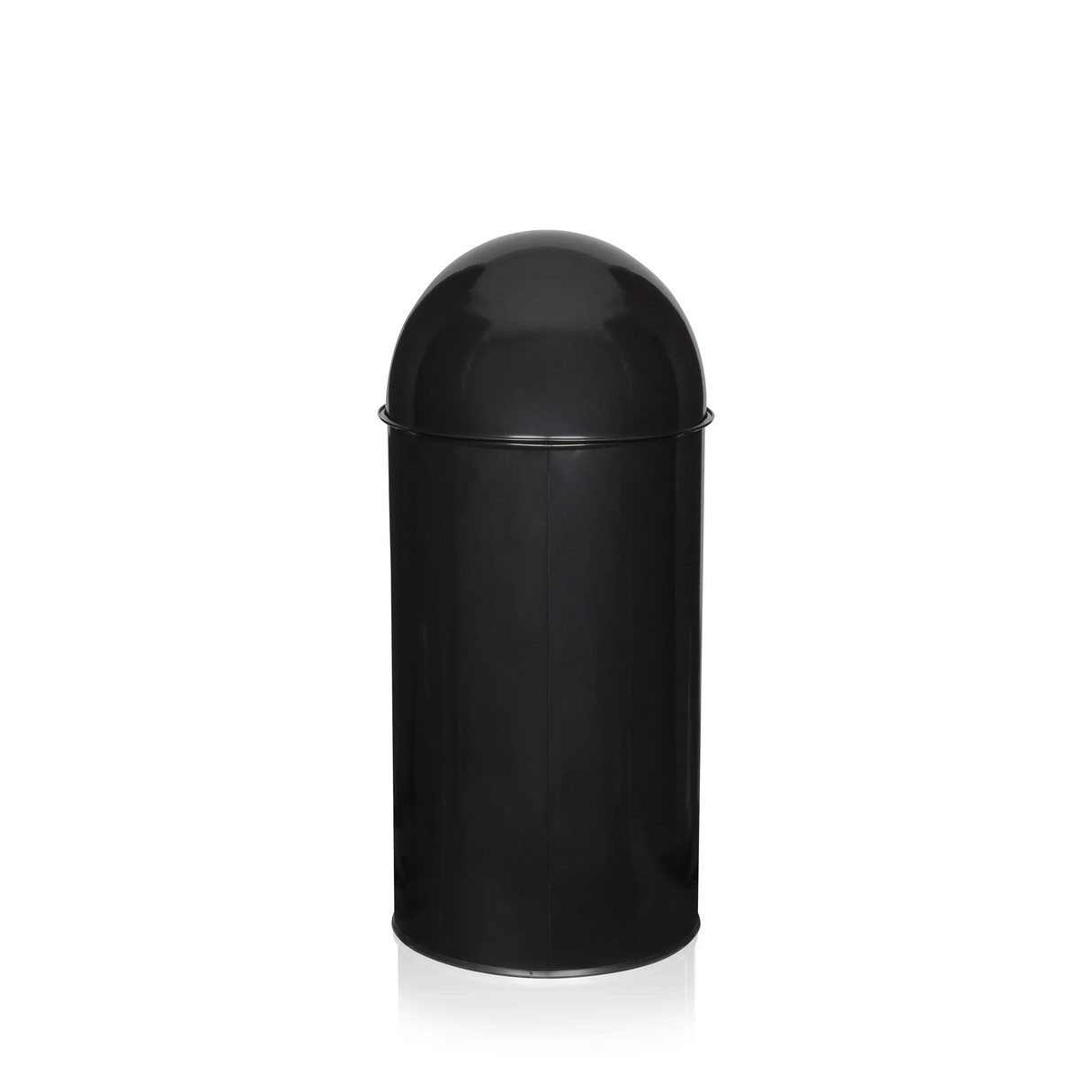 Schwarzer Mülleimer PUSH 35L mit gewölbtem Deckel und silberfarbener Einwurföffnung von hjh OFFICE – 360-Grad-Ansicht (schräge Rückenansicht 240°)
